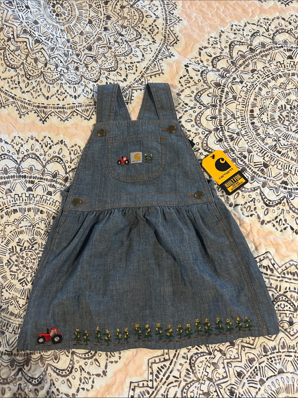 Carhartt Blue Denim Girls' Overall Dress with Tractor Embroidery
